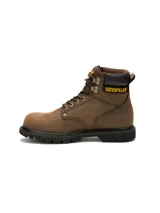 Bota de trabajo Caterpillar modelo Second Shift, color marrón, con puntera de acero, diseño impermeable y suela de goma antideslizante de alta resistencia.