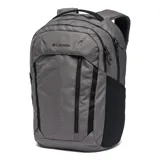 Mochila Columbia modelo Atlas Explorer II de 26 litros, color gris con detalles en negro. Cuenta con dos compartimentos principales, funda acolchada para laptop de hasta 15 pulgadas, bolsillo frontal con cierre, bolsillos laterales para botellas y correas de hombro acolchadas.
