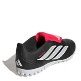 Championes de fútbol Adidas Predator Club FT TF, color negro con detalles plateados y lengüeta plegable en color fucsia con el logo de la marca en blanco, diseñados para pasto sintético.