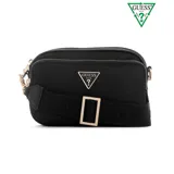 Bandolera Guess Eco Gemma color negro, confeccionada en nylon reciclado con herrajes dorados y logo triangular de la marca. Cuenta con correa regulable y desmontable, bolsillo frontal con cierre, cierre superior y compartimentos internos.