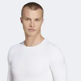 Remera deportiva de manga larga Adidas Techfit de ajuste ceñido y compresión, color blanco con cuello redondo.