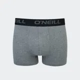 Calzoncillos tipo bóxer de algodón gris melange con cintura elástica negra que presenta el logo de la marca en letras blancas.