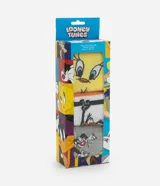 Kit de tres pares de medias de caña alta con diseños de los personajes de Looney Tunes: Bugs Bunny, Piolín y el Demonio de Tasmania.