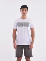 Remera gris de corte slim con cuello redondo, mangas cortas y estampa frontal con la palabra "VISION".