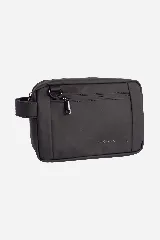 Neceser negro de poliuretano resistente al agua, con cierre superior, bolsillo frontal con cierre y asa lateral.