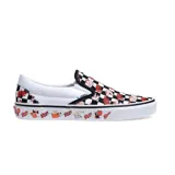 Zapatillas Vans sin cordones, con estampado a cuadros blancos y negros con dibujos de Condorito. La suela es blanca con dibujos de Condorito y la plantilla es negra.