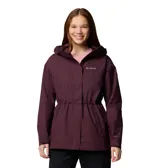 Campera impermeable larga Columbia modelo Hikebound II Long, color bordó, con capucha ajustable, cierre frontal con solapa, cintura ajustable con cordón y bolsillos con cierre. Cuenta con tecnología Omni-Tech.