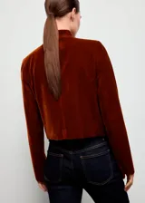 Chaqueta corta de terciopelo marrón con cuello mao, cierre frontal de botones dorados, mangas largas y dos bolsillos delanteros con solapa y botón.