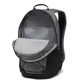 Mochila compacta de 16 litros marca Columbia, color gris con detalles en negro. Cuenta con almacenamiento externo con correas elásticas, dos bolsillos laterales de malla para botellas, compartimento para computadora portátil de hasta 13 pulgadas, espalda y correas acolchadas, bolsillo externo con cremallera, clip para llaves y bolsillo forrado para gafas.