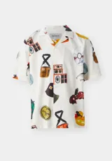 Camisa de manga corta color crema con estampado de objetos varios.