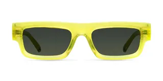 Lentes de sol rectangulares amarillos con lentes verdes polarizadas.