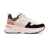 Championes deportivos Via Marte Queen, con capellada de malla color beige, superposiciones de cuero sintético color blanco, negro y rosa, y detalles con estampado animal print.
