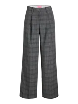 Pantalón sastrero de tiro alto y corte wide leg, con diseño de cuadros en tonos gris oscuro. Presenta cierre frontal con cremallera y bolsillos laterales.