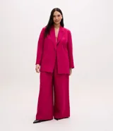 Pantalón de sastrería modelo pantalona, color fucsia, con corte amplio y recto. Presenta cintura con botón, elástico en la parte trasera para mayor ajuste y bolsillos laterales tipo cuchillo.