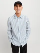 Camisa de manga larga a rayas verticales celestes y verdes sobre fondo blanco, con fit comfort y cuello clásico. Confeccionada en tejido dobby de algodón y lino, con cierre frontal con botones.