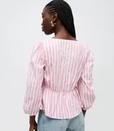Blusa de tricolina con estampado de rayas verticales en color blanco y rosado. Presenta cuello en V, cierre frontal con botones, mangas 3/4 abullonadas y un lazo ajustable en la cintura.