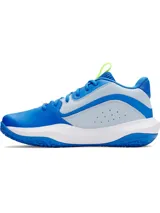 Championes de básquet Under Armour Lockdown 7, color azul con detalles en celeste, gris, blanco y verde flúor. Parte superior de malla transpirable con superposiciones de cuero sintético, entresuela de EVA y suela de caucho con patrón de tracción.