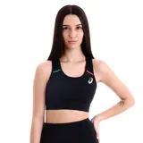 Top deportivo Asics de color negro con tirantes cruzados en la espalda, escote redondo y detalles de líneas en colores verde y rosado en los hombros. Incluye el logo de la marca en contraste sobre el pecho.
