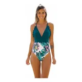 Malla enteriza con diseño combinado, parte superior en color verde petróleo con borde festoneado y parte inferior con estampado floral sobre fondo negro.