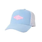 Gorra de béisbol celeste con paneles de malla blanca en la parte trasera y logo rosado en el frente.
