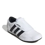 Championes Adidas modelo Tekwen, diseño sin cordones inspirado en el tenis, con capellada sintética blanca, las icónicas tres tiras laterales en negro y lengüeta de malla. Cuenta con entresuela de EVA para mayor amortiguación y suela de goma.