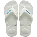 Sandalias de goma Havaianas Top Max Comfort, modelo de dedo color blanco con tiras anchas texturizadas y el logo de la marca en azul.
