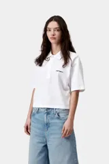 Remera polo de piqué de algodón color blanco, de manga corta, corte holgado y cropped, con el logotipo Script bordado en el pecho.
