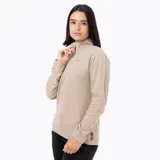 Buzo polar de mujer Merrell, confeccionado en microfleece de poliéster reciclado. Presenta diseño de media cremallera, cuello alto, mangas largas con puños elásticos y logo de la marca bordado en el pecho.