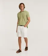 Polo de manga corta color verde salvia, con cuello polo y escote en V con borde de punto contrastante. Presenta una textura tejida sutil.