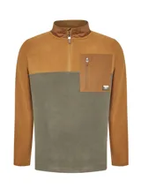 Buzo de polar con diseño color block en tonos tostado y verde oliva. Presenta cuello alto con cierre medio, bolsillo frontal con cierre y parche decorativo con logo de la marca.