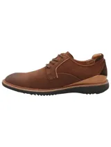 Zapato de cuero marrón tipo derby con cordones, suela de EVA negra y detalles en contraste en el talón.