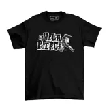 Remera negra de manga corta con estampa frontal en color blanco del logo y personaje icónico de la banda La Vela Puerca.