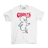 Remera blanca de algodón con estampa frontal de Gasparín y la frase 'Ghosts just wanna have fun' en color rojo.