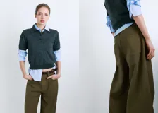 Pantalón tipo jeans de corte recto y tiro medio, color verde militar, con cierre frontal de botón y cremallera, y bolsillos clásicos.