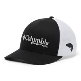 Gorra Columbia PFG Mesh Ball Cap en color negro con parte trasera de malla blanca, visera curvada y logo bordado en el frente.