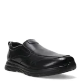 Zapatos tipo slip-on de cuero negro, con diseño de costuras reforzadas y suela de goma antideslizante.