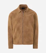 Campera Harrington de gamuza sintética color verde oscuro, de manga larga, con cuello camisero y cierre frontal completo.
