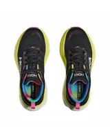 Championes de running Hoka Bondi 8 para mujer, color negro con detalles en amarillo, rosa y celeste. Capellada de malla técnica, entresuela de espuma ligera y suela de goma Durabrasion.