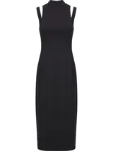 Vestido midi negro de punto técnico con corte entallado, cuello perkins, cremallera trasera, sin mangas, recortes en forma de media luna en los hombros, detalles de costuras verticales en la parte frontal y posterior, y hendidura en la espalda.