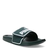 Sandalias Puma modelo Leadcat 2.0 V, color verde oscuro con detalles en blanco. Presentan una tira superior ajustable con cierre de velcro y el logo de la marca estampado en contraste.