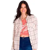 Camisa de franela a cuadros color vainilla, con bolsillos en el pecho, botones metálicos y logo de CAT en la costura lateral.