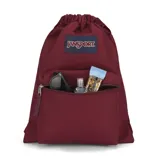 Mochila JanSport color bordó, tipo bolso con cordón ajustable y bolsillo frontal con cierre.