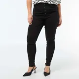 Pantalón skinny de tiro muy alto en color negro, con cierre frontal de botones a la vista y ajuste ceñido.
