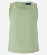 Blusa sin mangas color verde claro, confeccionada en sarga de algodón y lyocell, con cuello redondo y cierre de gota en la espalda con botón.