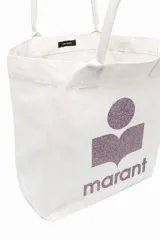 Bolso tote blanco de algodón con doble asa y logo estampado en color lila.