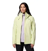 Campera impermeable Columbia Northwest Explorer 3L para mujer, color verde claro, con capucha ajustable, cierre frontal y bolsillos con cremallera.