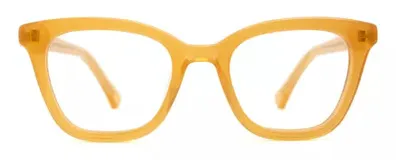 Armazón de acetato color miel, con forma de ojo de gato y estilo retro. Cuenta con patillas antideslizantes y núcleo de metal plateado.