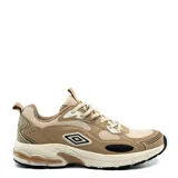Championes Umbro Iren, color beige con detalles en negro y blanco, diseño robusto de inspiración retro con capellada de malla y sintético, ideal para uso urbano o deportivo.