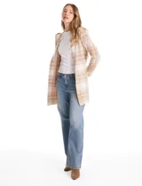 Cardigan de tejido de punto con estampado a cuadros, diseño con capucha, bolsillos frontales y lazo de ajuste en la cintura.