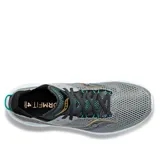 Championes Saucony Kinvara 14, color gris con detalles en negro, dorado y celeste.